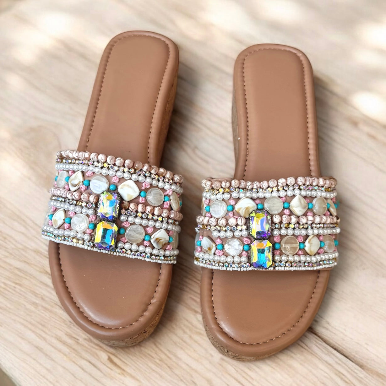 Pastel Pearl Embellished Wedge Sandals