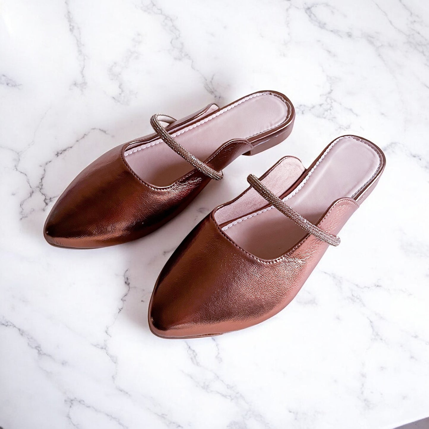 Rope Charm – Bronze Pointed Flat Mules with Crystal Rope