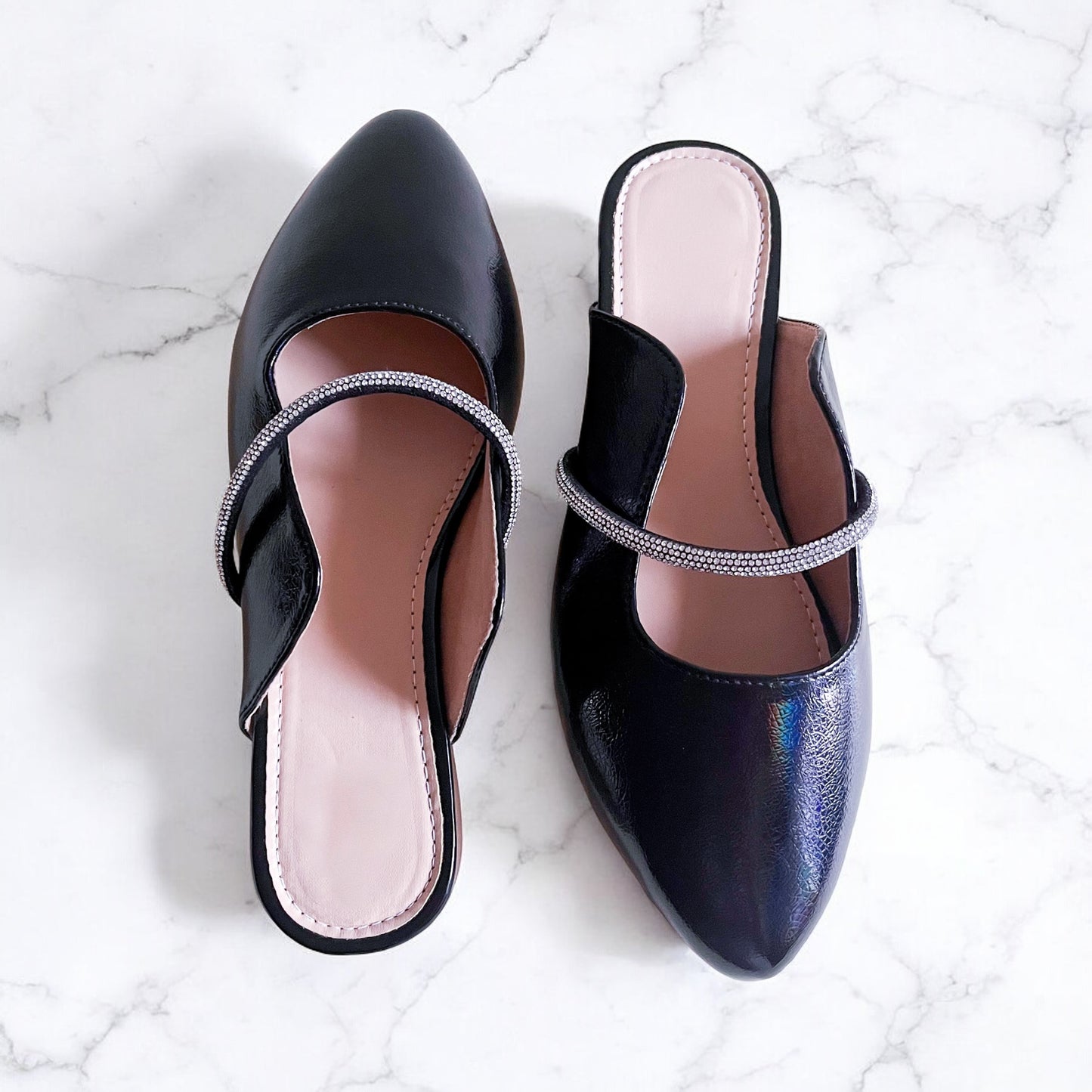 Rope Charm – Black Pointed Flat Mules with Crystal Rope