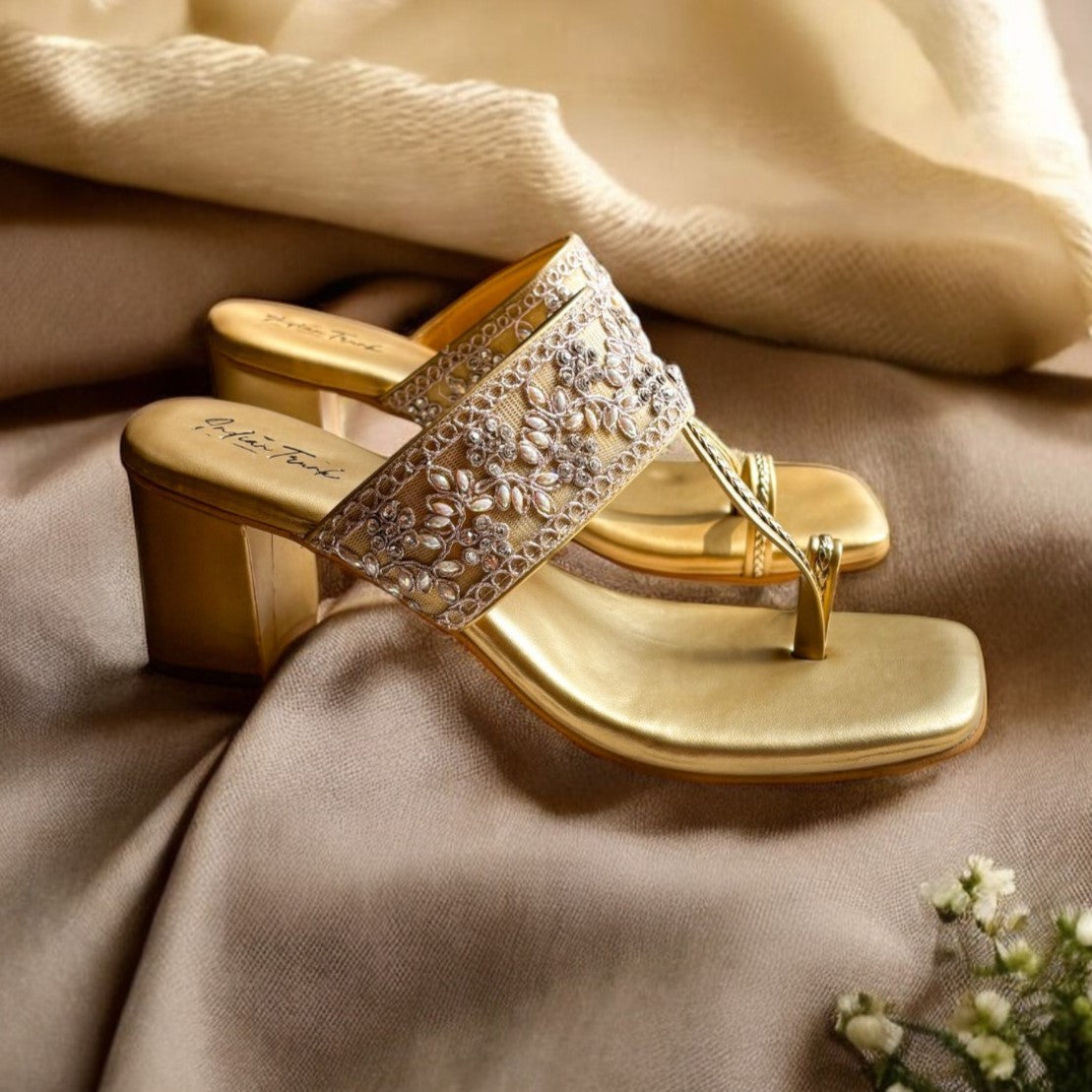 Golden Royale Kolhapuri Block Heels - Crystal Bloom Strap