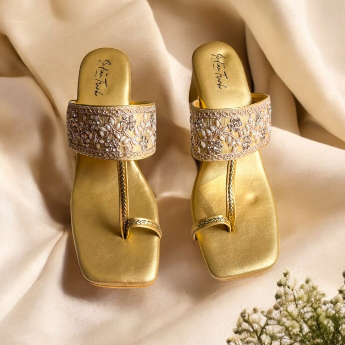 Golden Royale Kolhapuri Block Heels - Crystal Bloom Strap