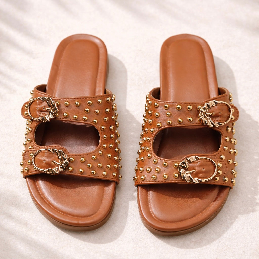Tan Studded Buckle Sandals