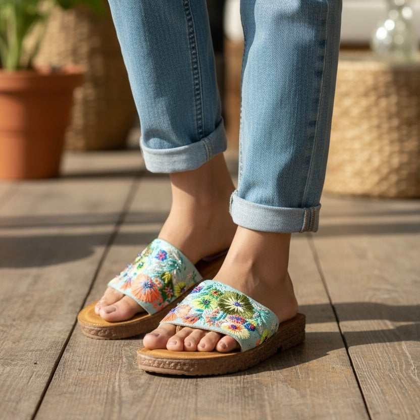 Denim Blue Meadow Bloom Cushioned Sole Sandals