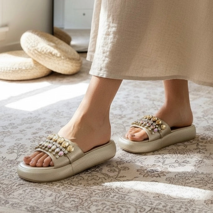 Shimmer Dull Gold Crystal Embellished Platform Slides