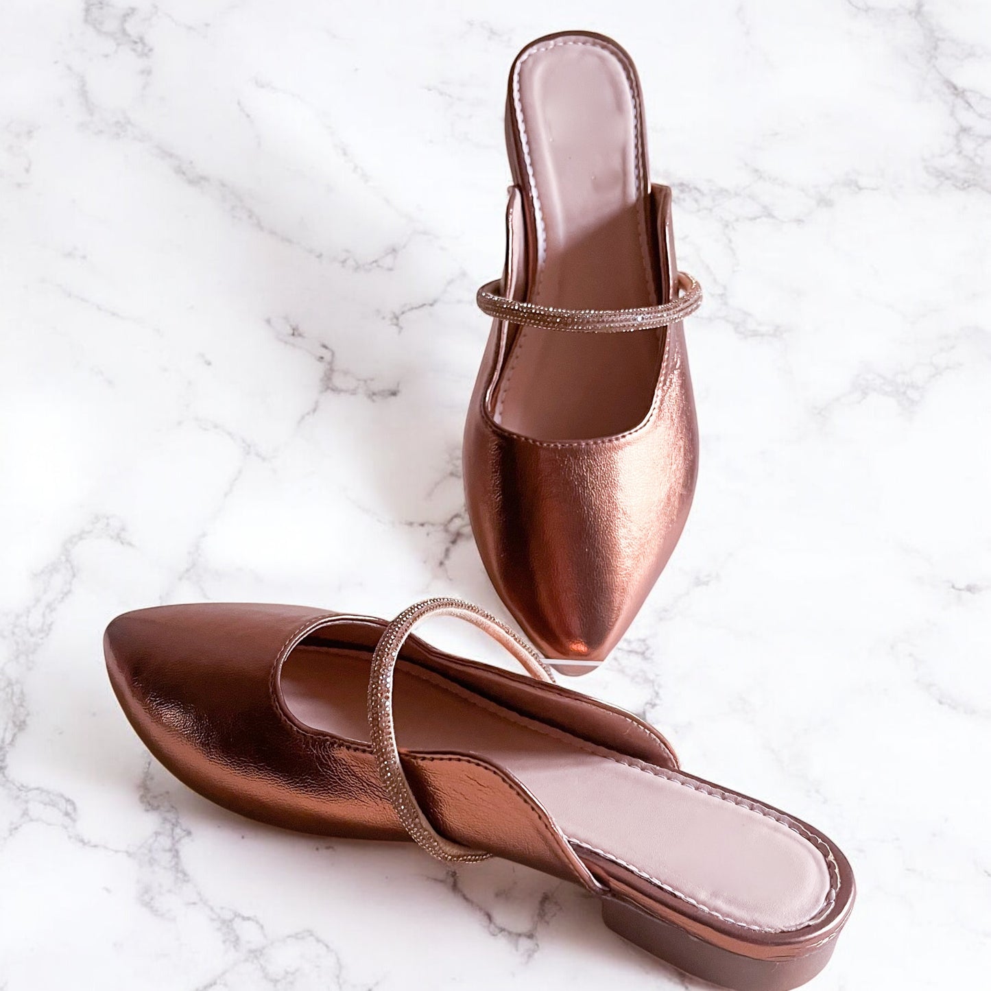 Rope Charm – Bronze Pointed Flat Mules with Crystal Rope