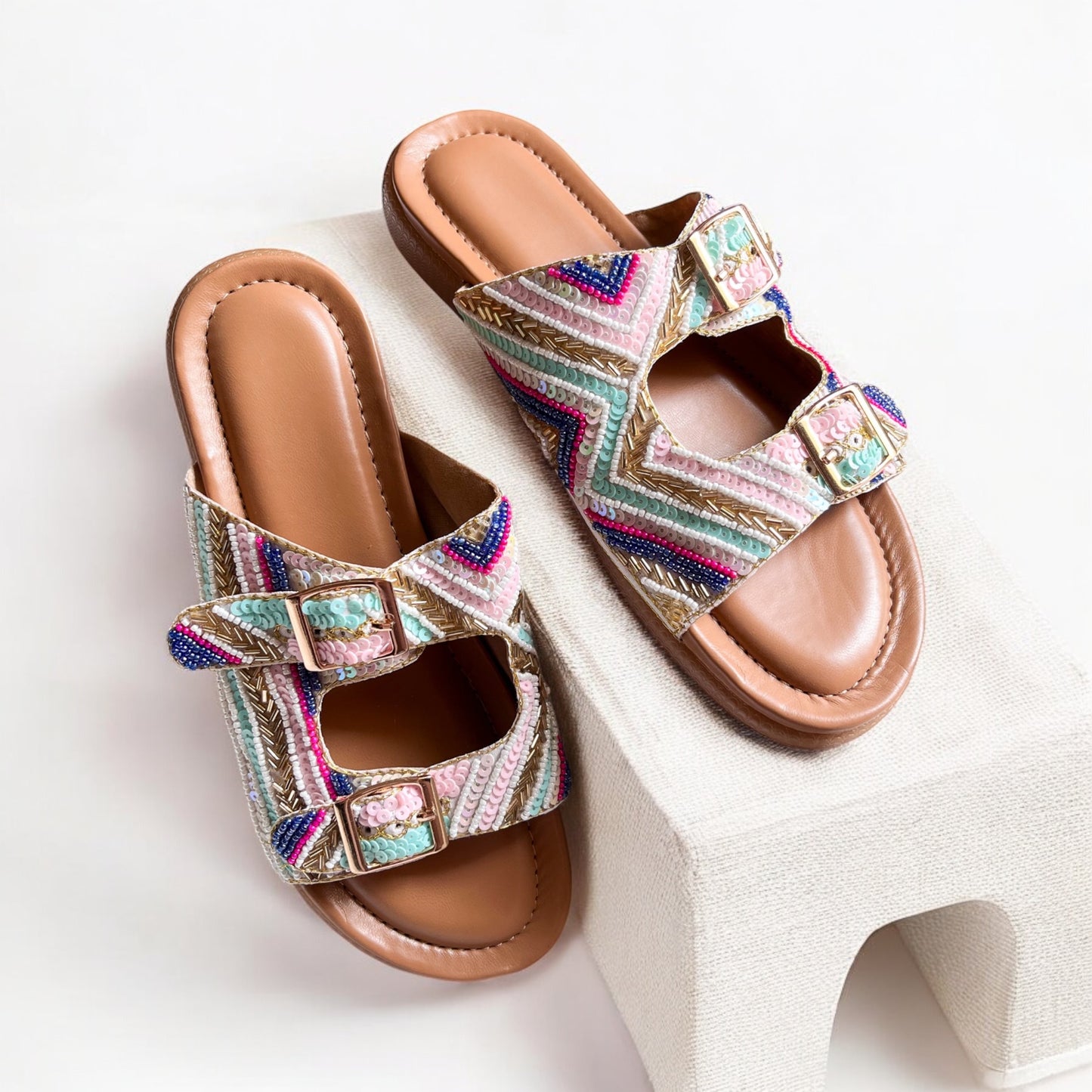 Color Pop Sequin Buckle Sliders