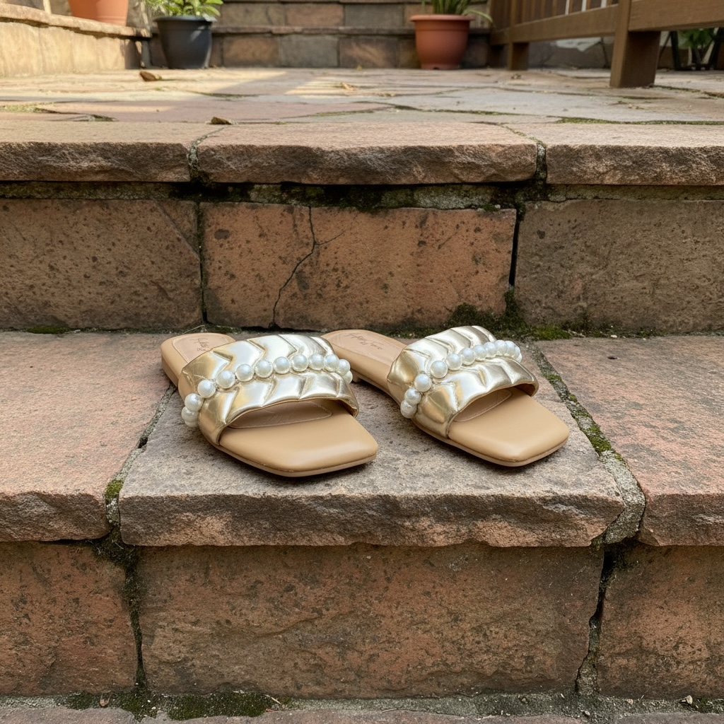 Gold quilted strap with pearls slides