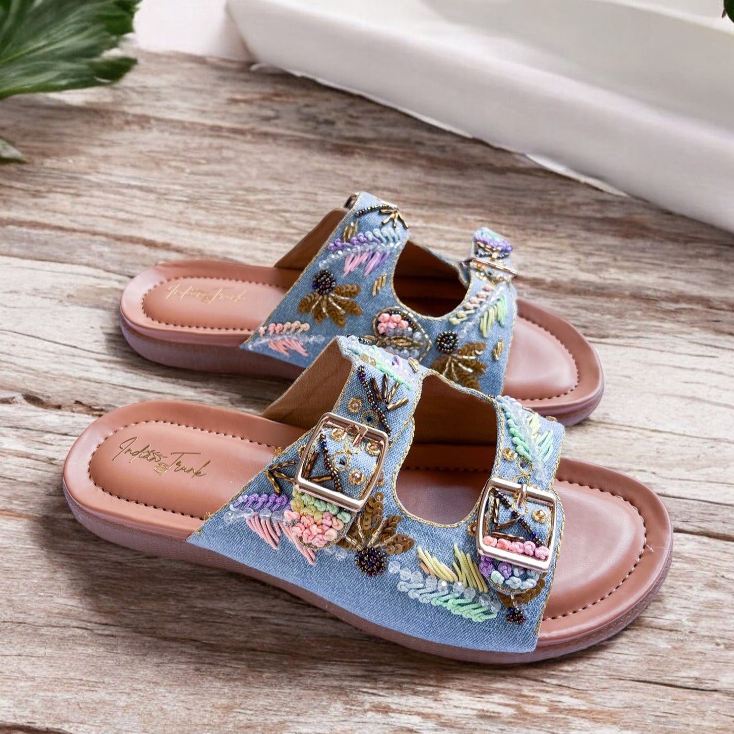 Denim Bloom Buckle Sandals
