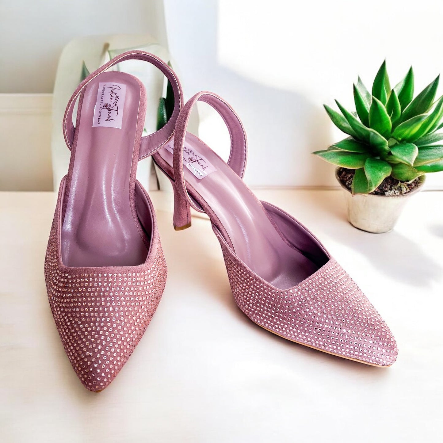 Dew Drops – Pointed Toe Slingback Kitten Heels- Deep Nude Pink
