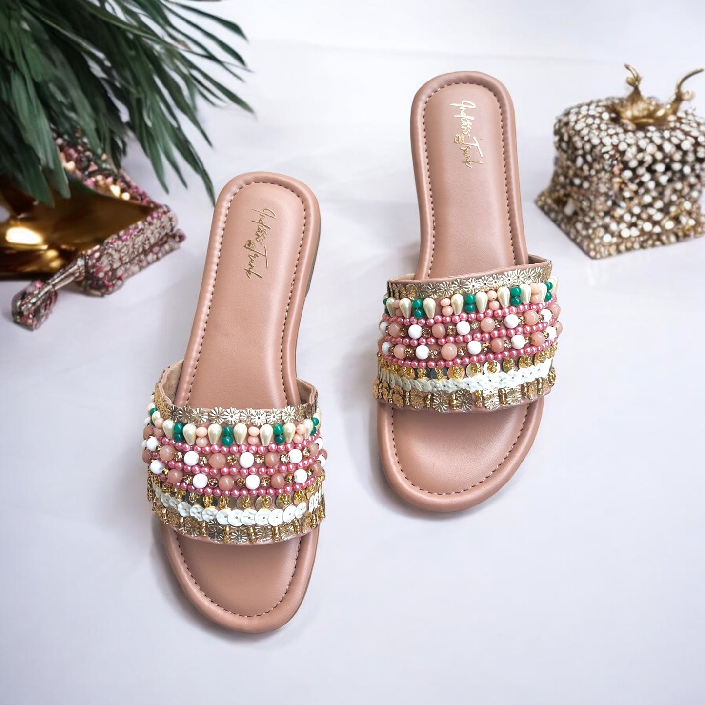 Beady Blush - Beaded sliders in coral, gold and green