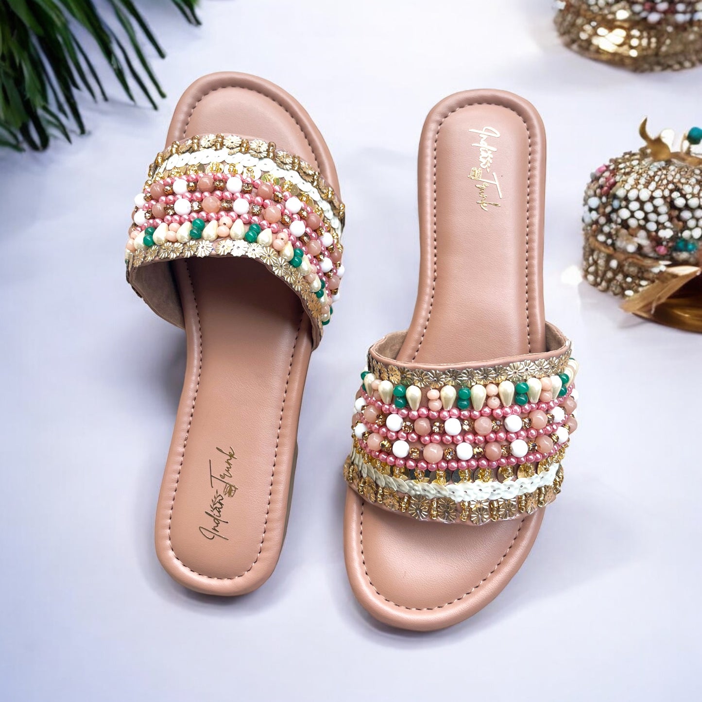 Beady Blush - Beaded sliders in coral, gold and green