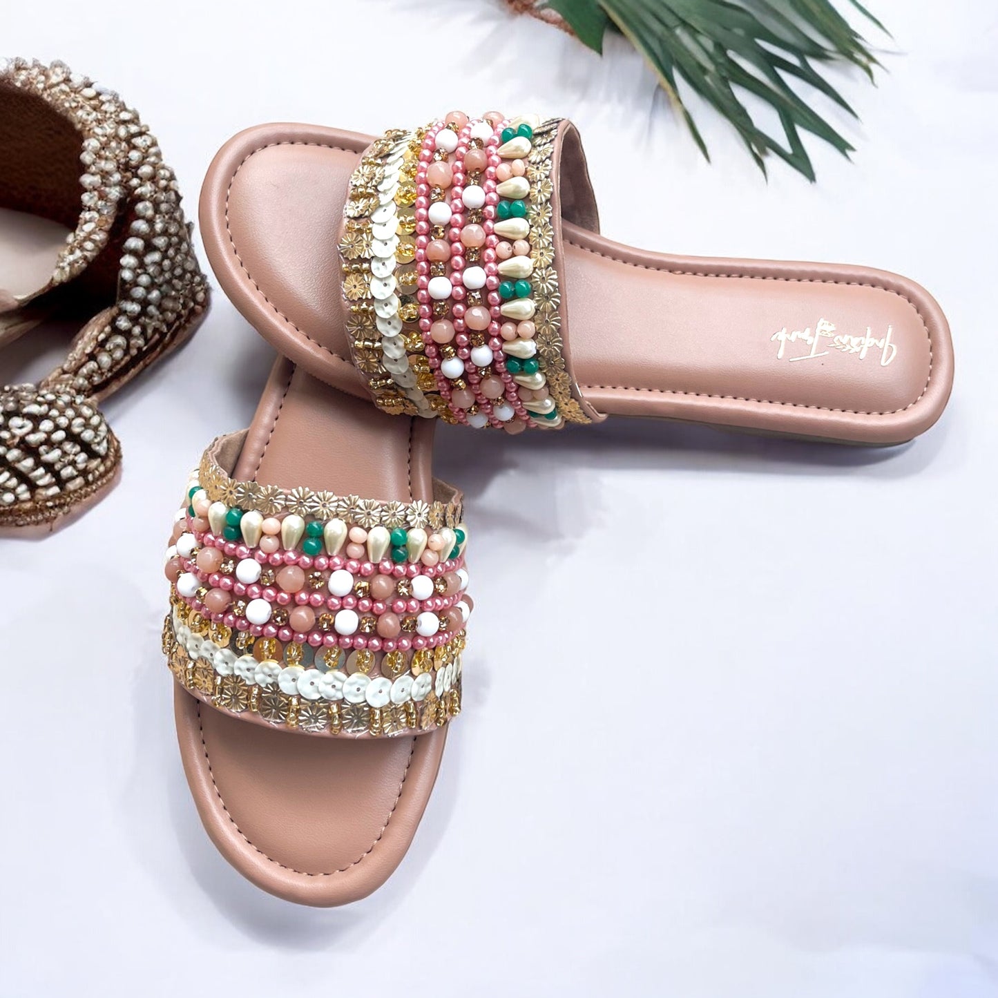 Beady Blush - Beaded sliders in coral, gold and green