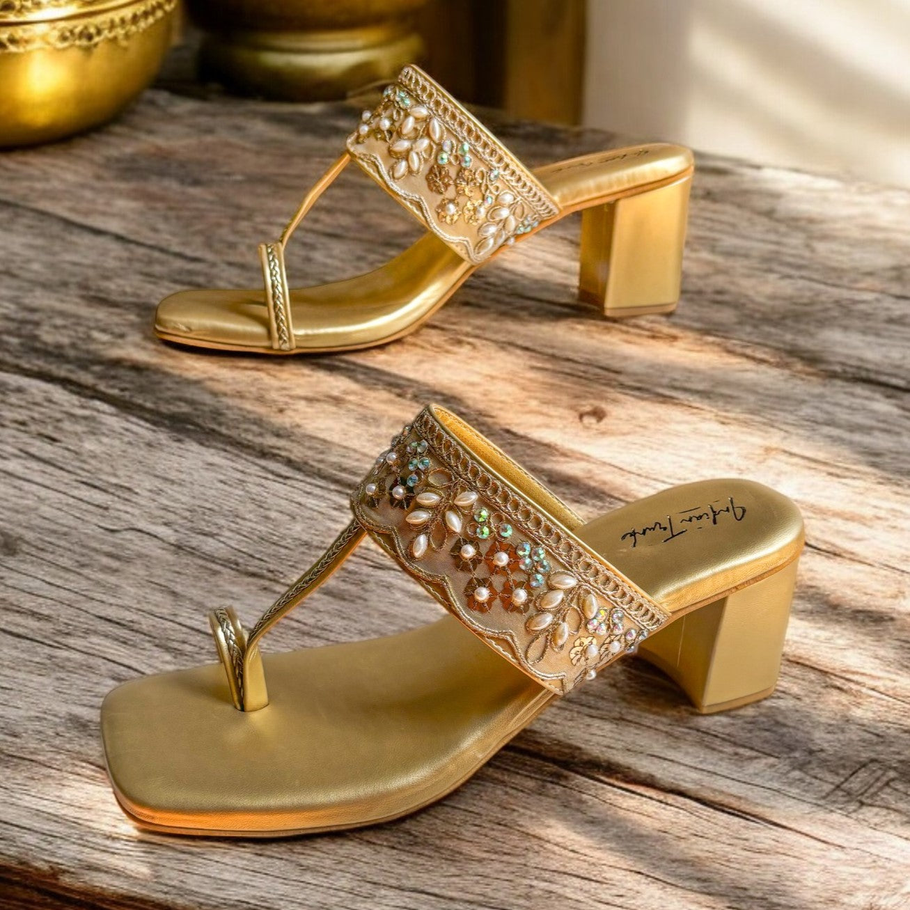 Golden Royale Kolhapuri Block Heels-Champagne Glow Strap