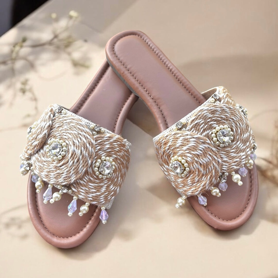 Boho Beaded Beige Sliders for Women