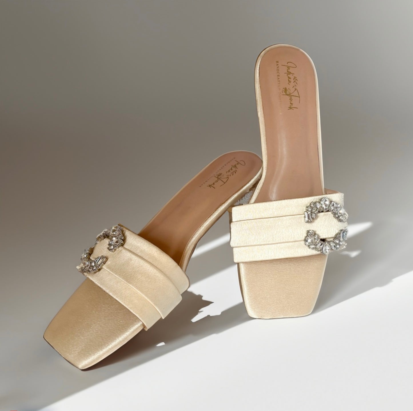Satin Shimmer – Champagne Cream | Satin Diamanté Sandals