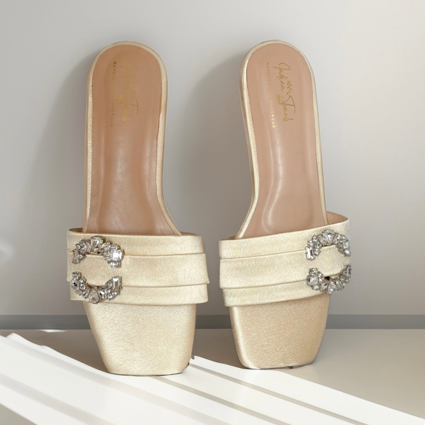 Satin Shimmer – Champagne Cream | Satin Diamanté Sandals
