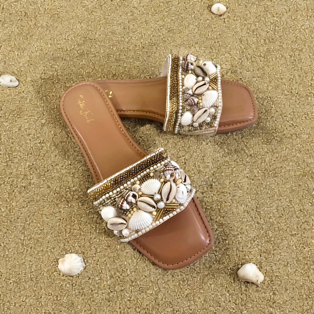Shell Out - Embroidered Beachy Sliders