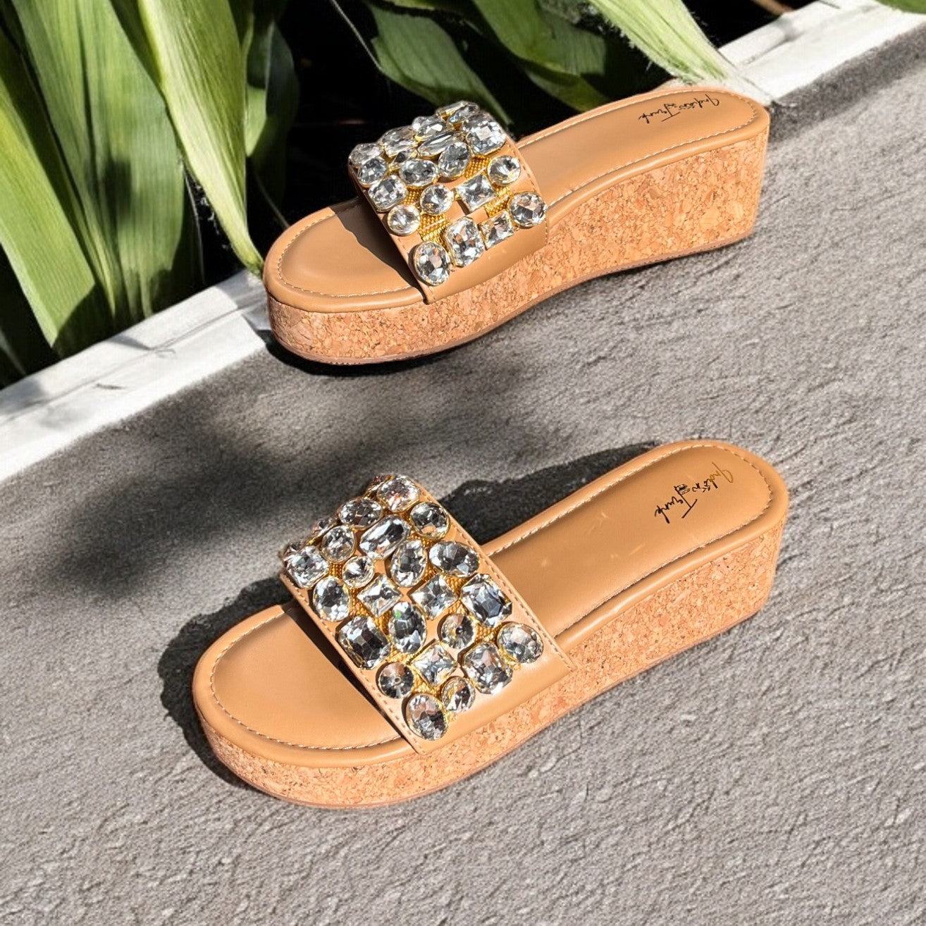 Crystal Luxe Wedge Sliders for Women
