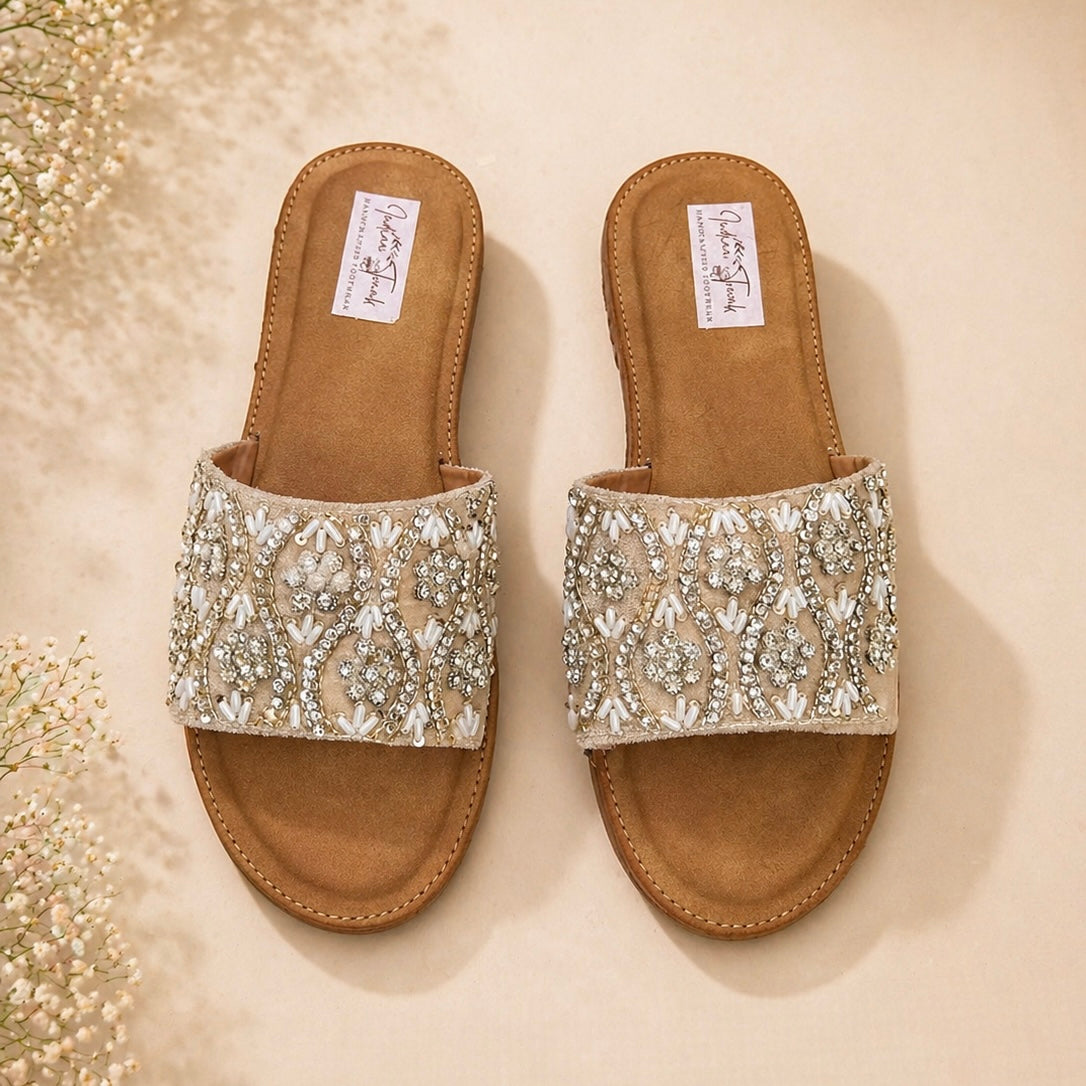 Ivory & Gold Embroidered Cloud Comfort Slide Sandals