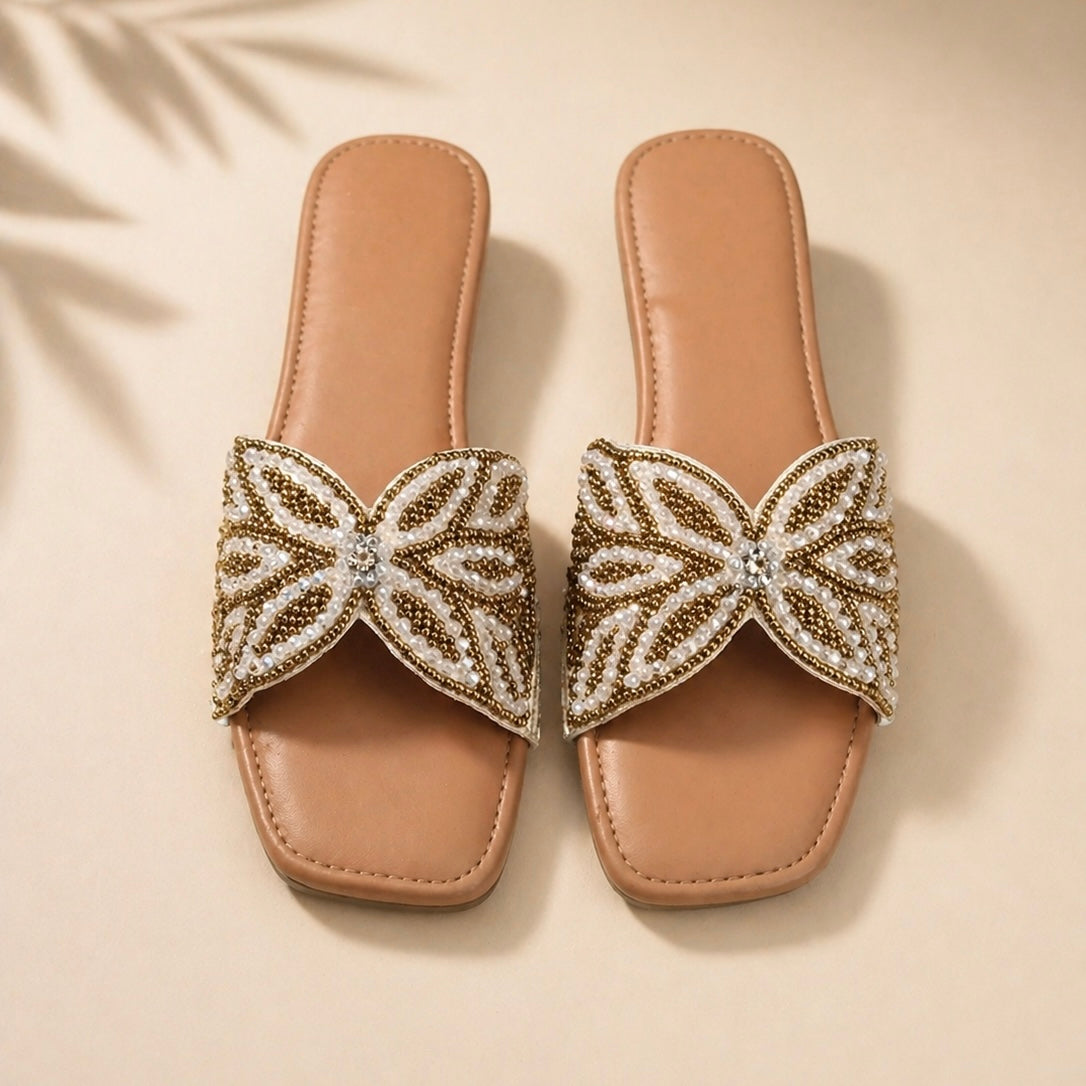 Gold Beaded Butterfly Embellished Slide Sandals