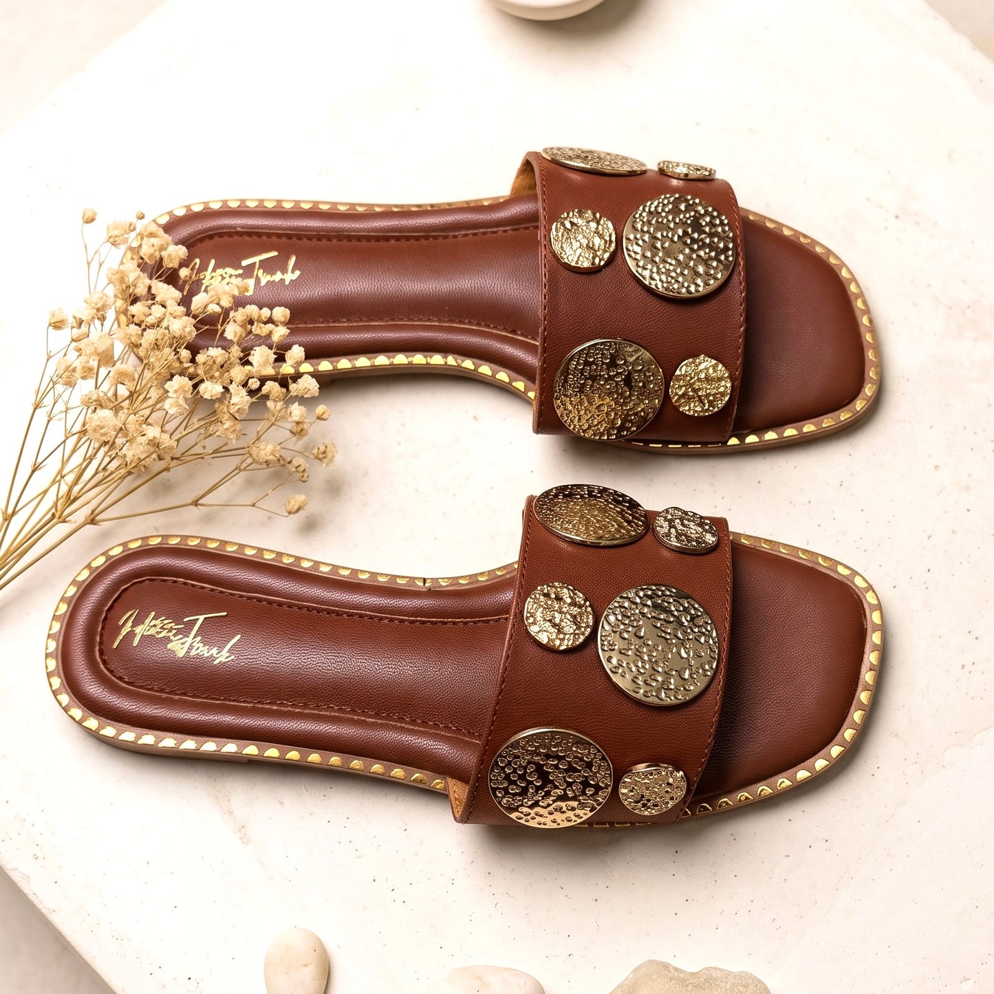 Brown Metallic Stud Comfort Flat Sliders