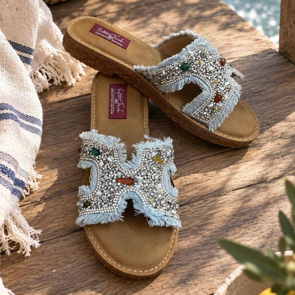 Denim Fringe Embellished Flats