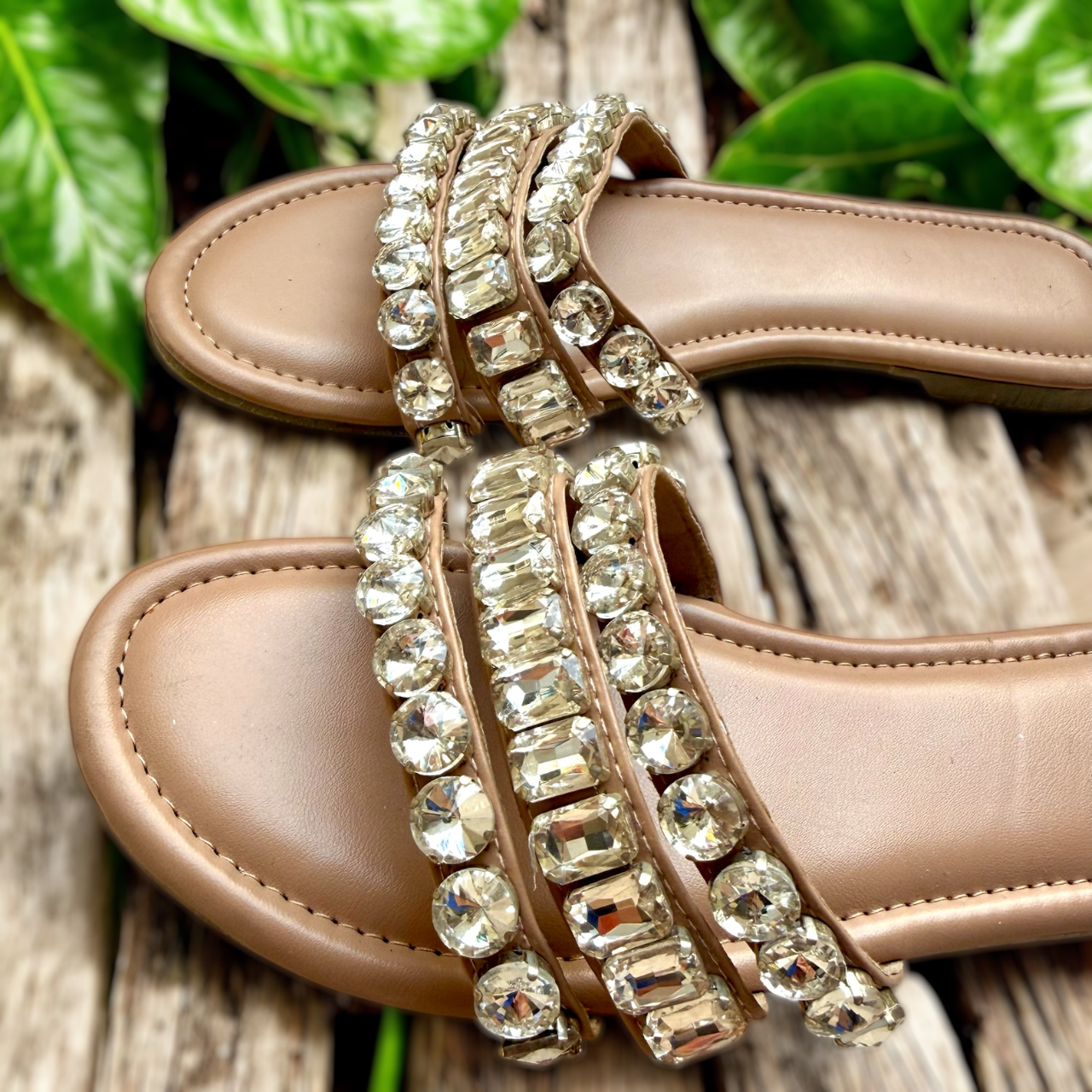 Triple Strap Crystal Slip-On Flats