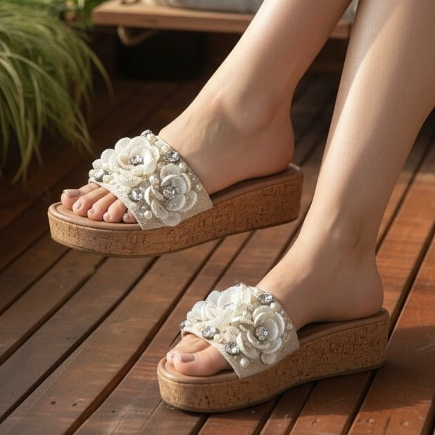 Shell & Pearl Embellished Wedge Sandals