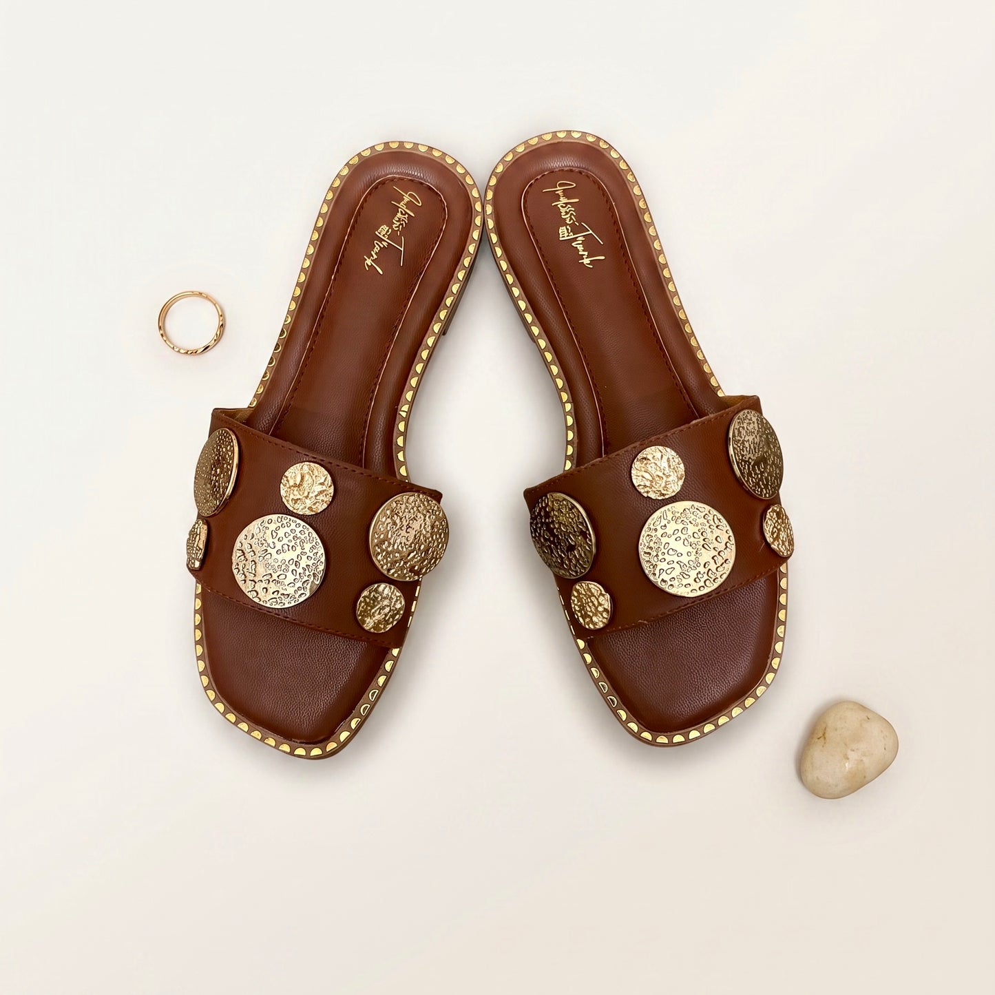 Brown Metallic Stud Comfort Flat Sliders