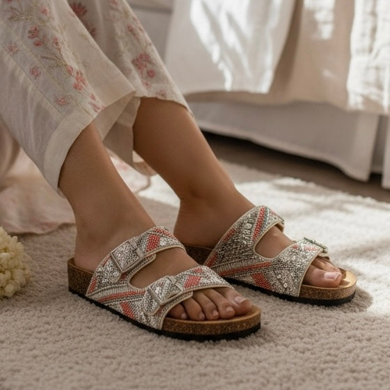 Bejewelled Duo-Buckle Slider Sandals