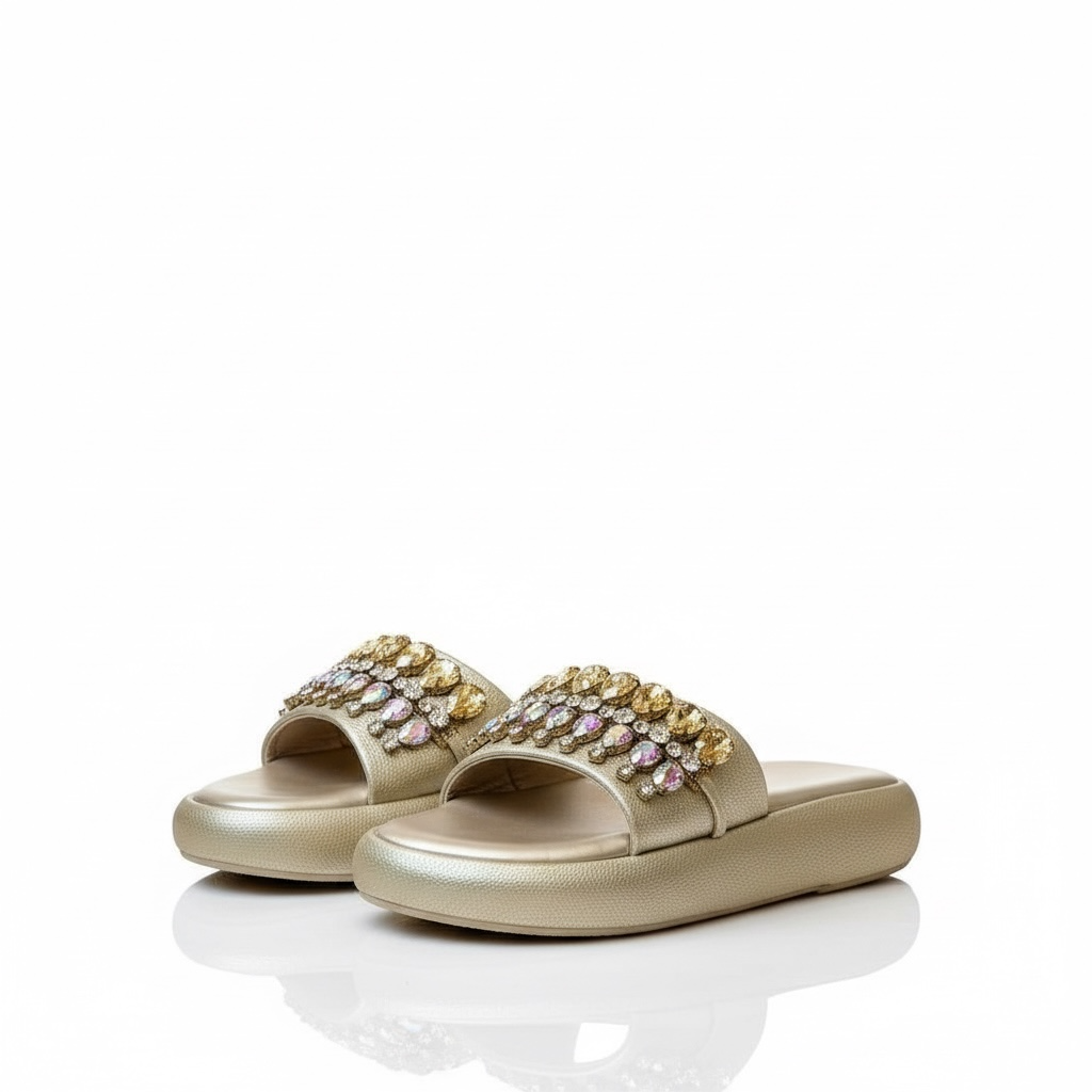 Shimmer Dull Gold Crystal Embellished Platform Slides