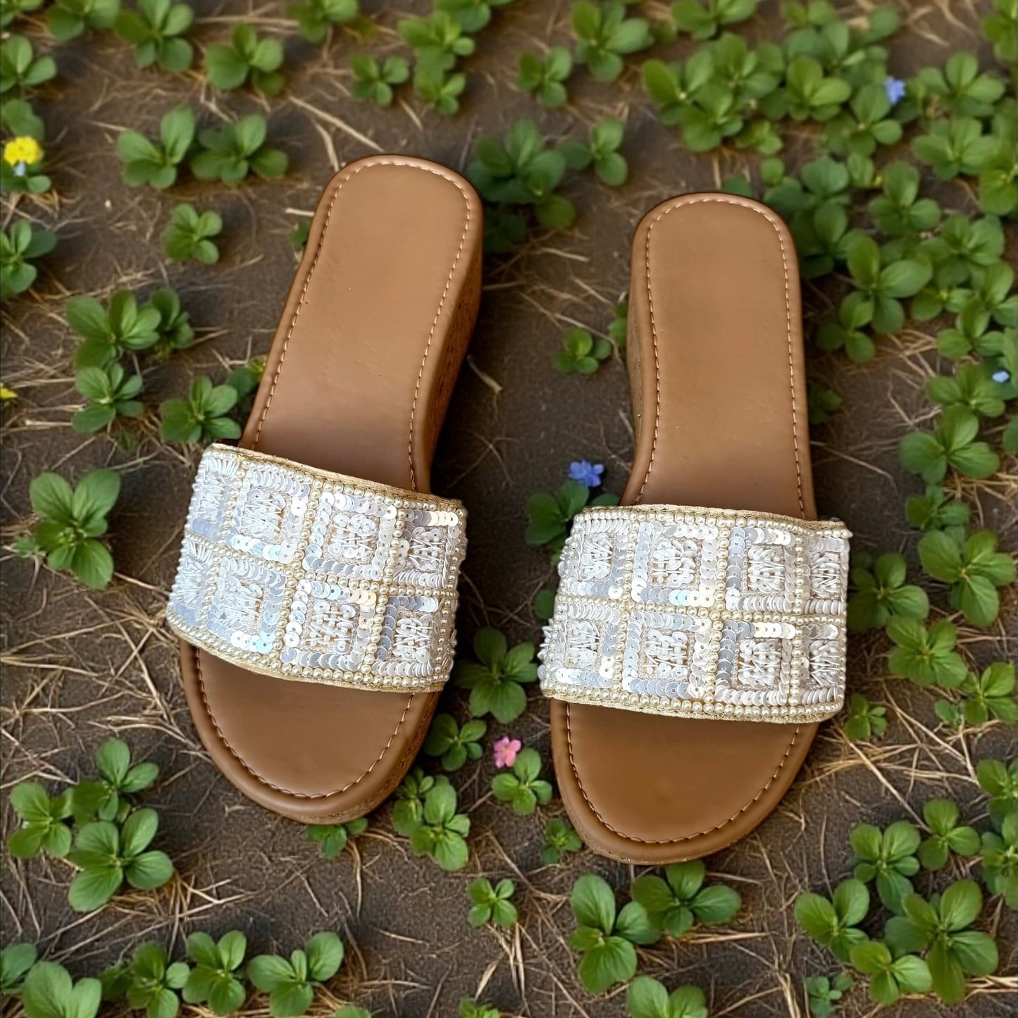 Ivory Beaded Wedge Sandals
