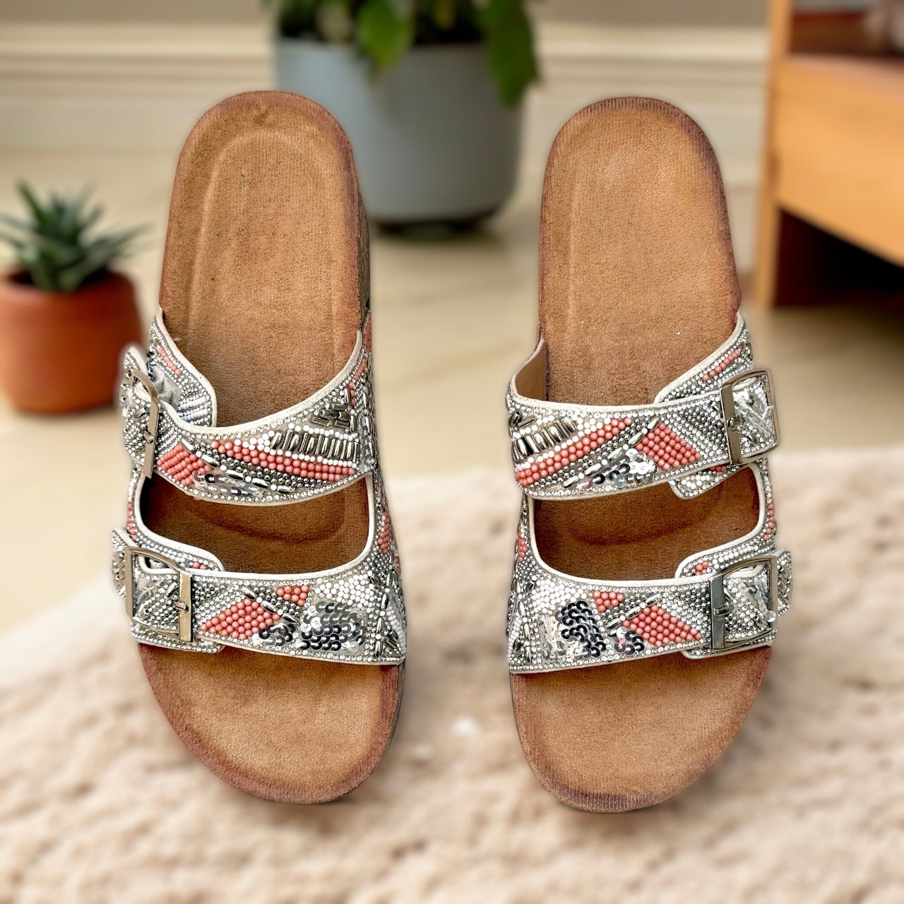 Bejewelled Duo-Buckle Slider Sandals