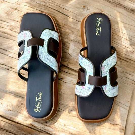 H-Strap with Tweed Accent Platform Wedges- Coffee Brown