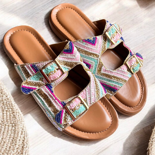 Color Pop Sequin Buckle Sliders