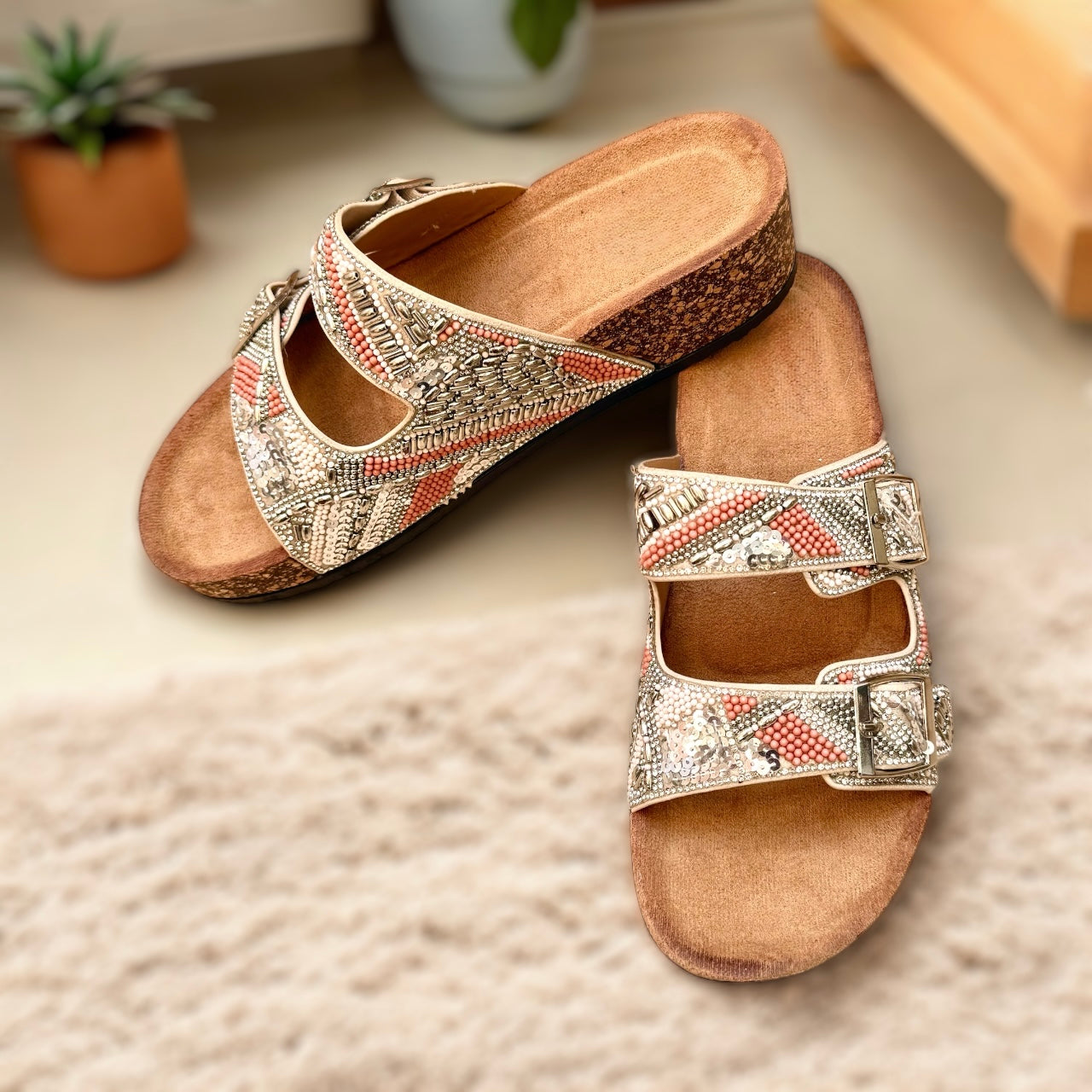 Bejewelled Duo-Buckle Slider Sandals