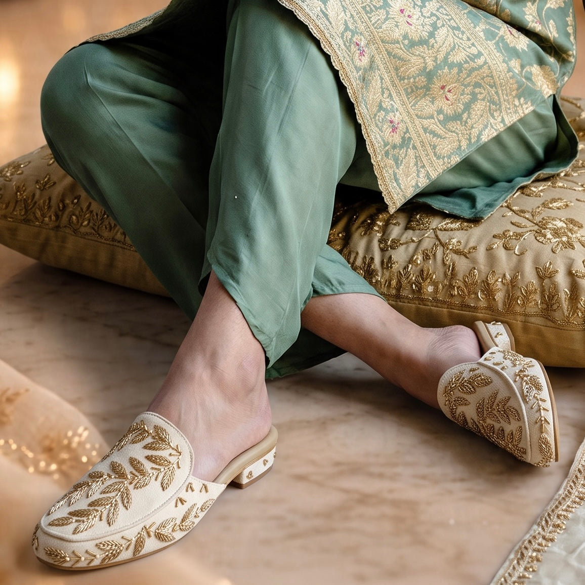 Ivory Gold Embroidered Mules