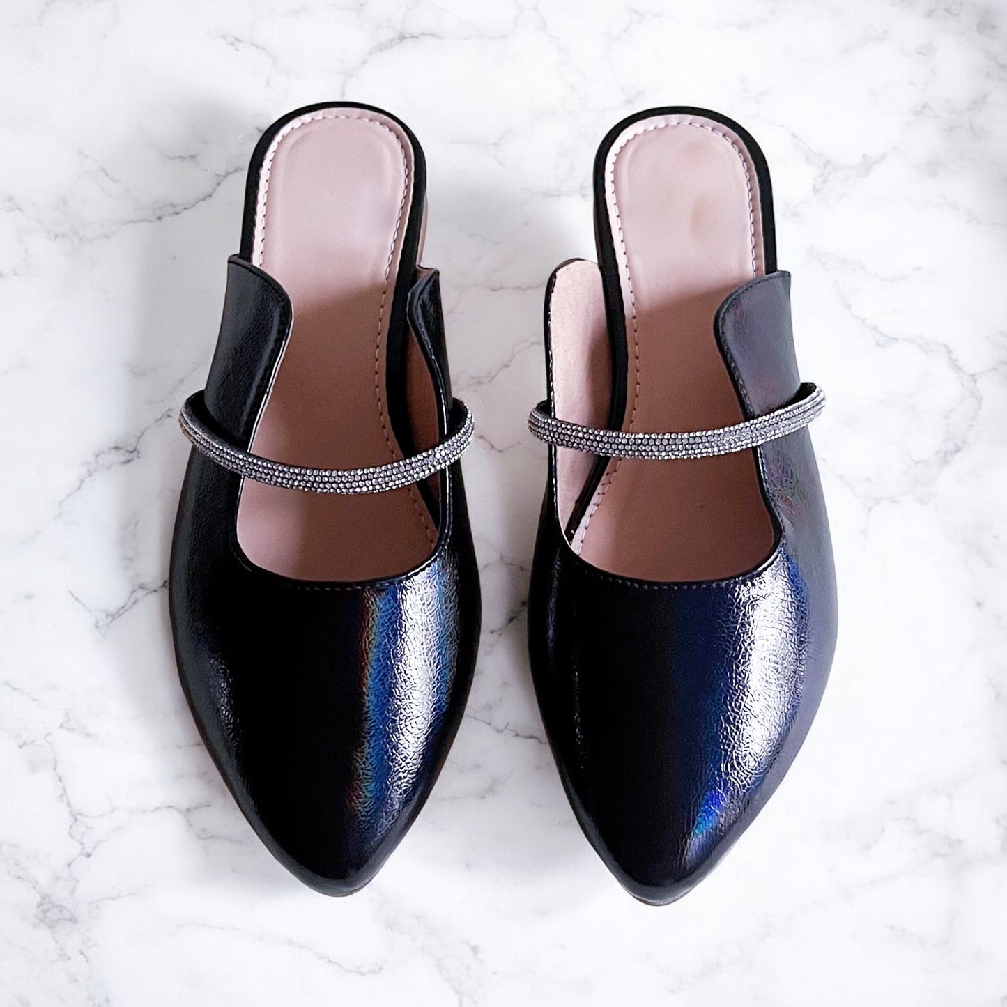 Rope Charm – Black Pointed Flat Mules with Crystal Rope