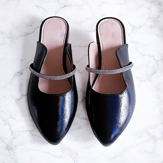 Rope Charm – Black Pointed Flat Mules with Crystal Rope