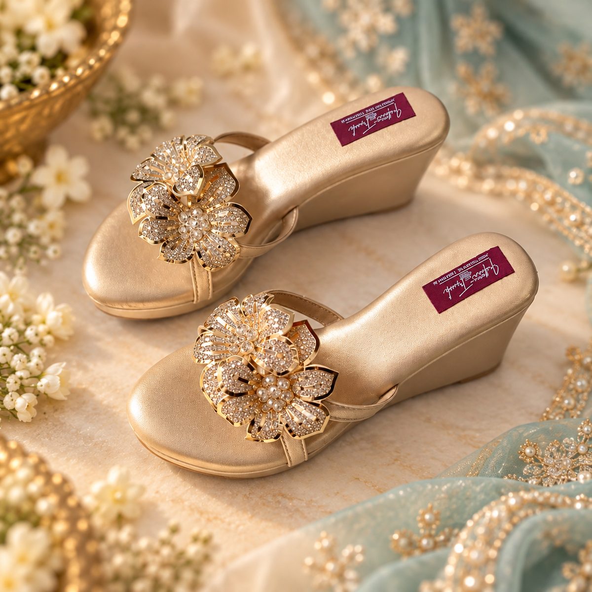 Champagne Gold Floral Wedge
