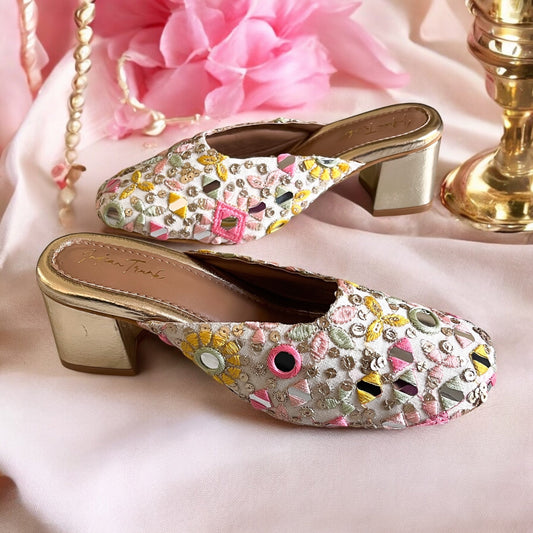 Heeled Mirror Work Jutti – Neon Pink & Yellow