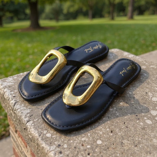 Bold Buckle V Strap Flats - Black