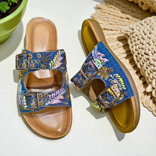 Denim Bloom Buckle Sandals- Dark Blue