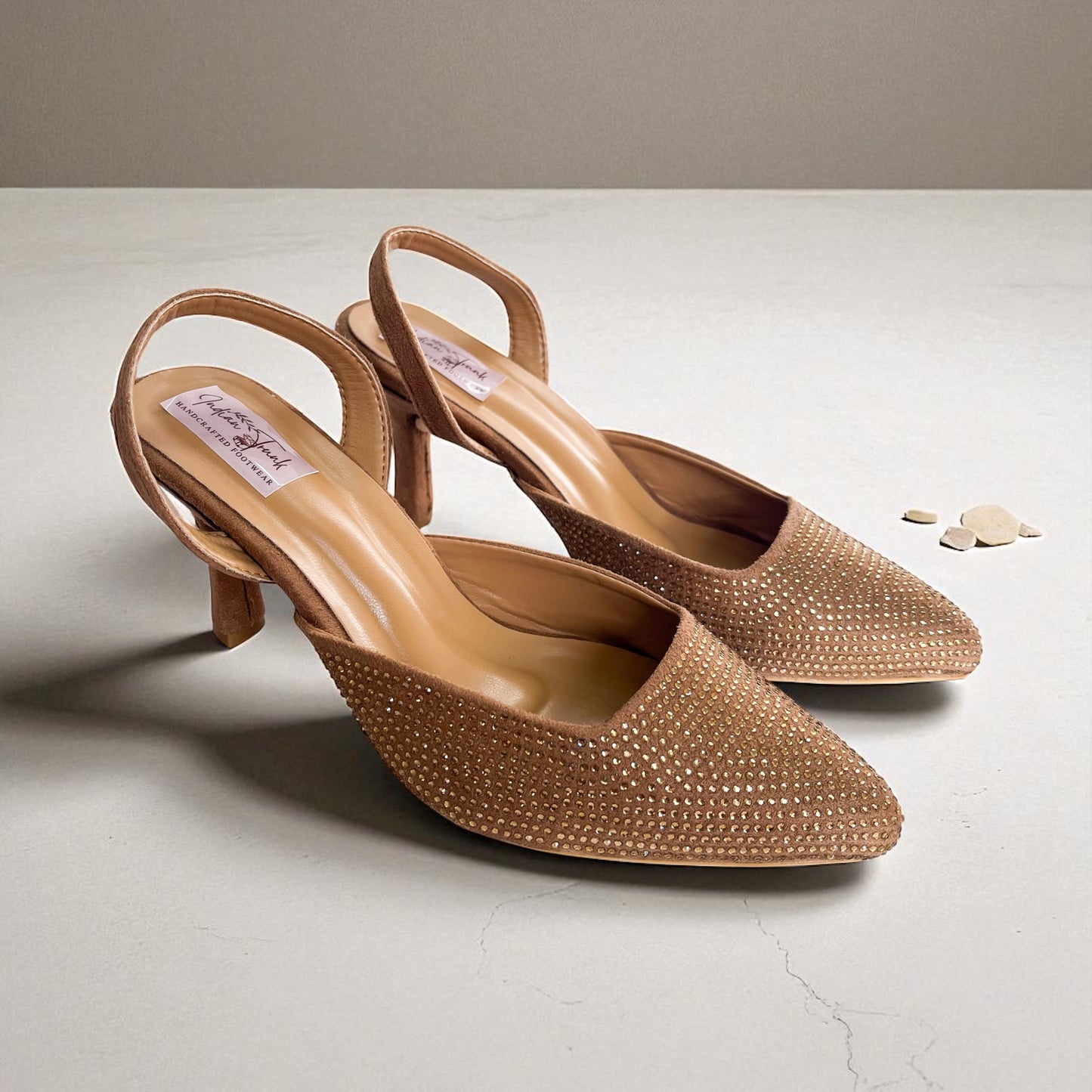 Dew Drops – Pointed Toe Slingback Kitten Heels- Tan