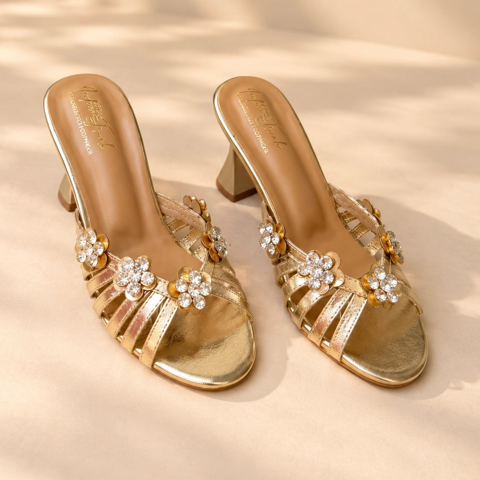 Crystal Flower Strap Heel- Light Gold