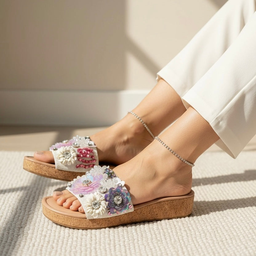 Floral Sequin Embellished Wedge Sandals