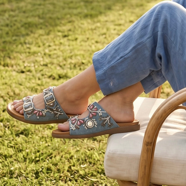 Denim Embroidered Double Buckle Slides