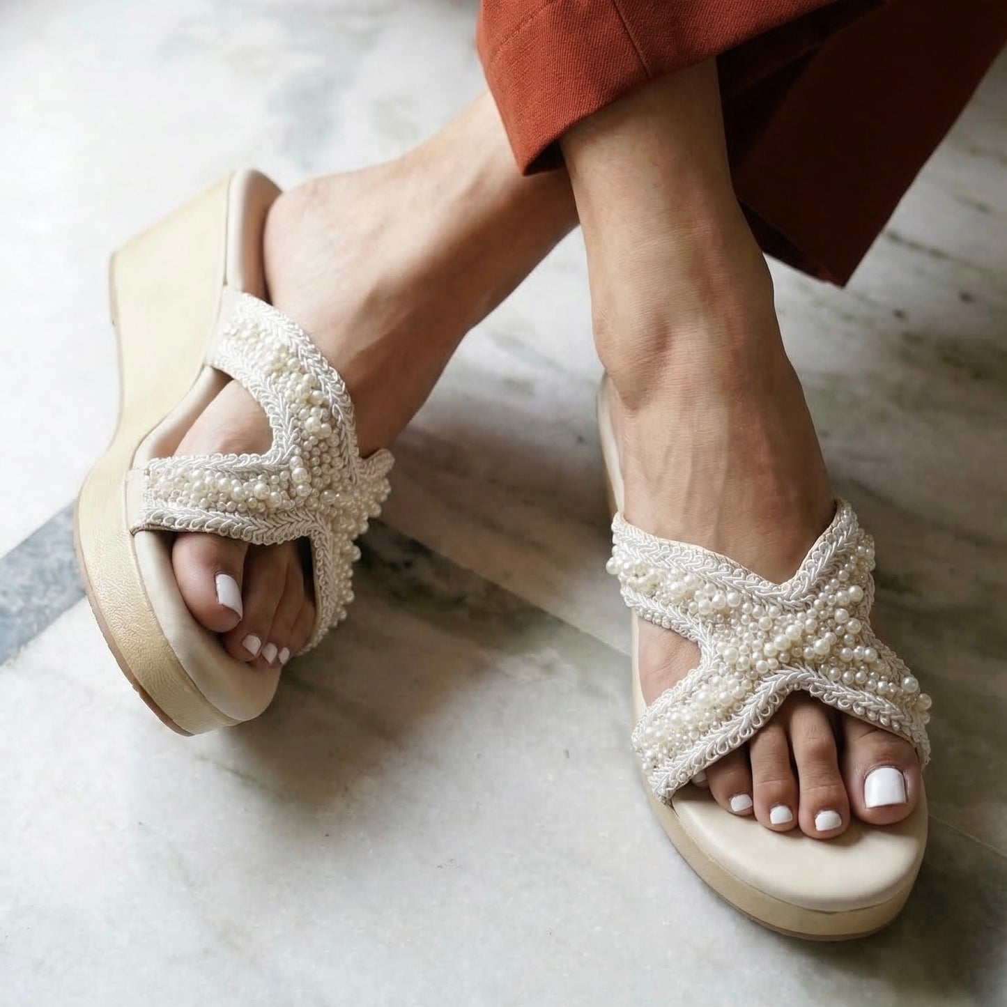 Pearl Embroidered Wedges