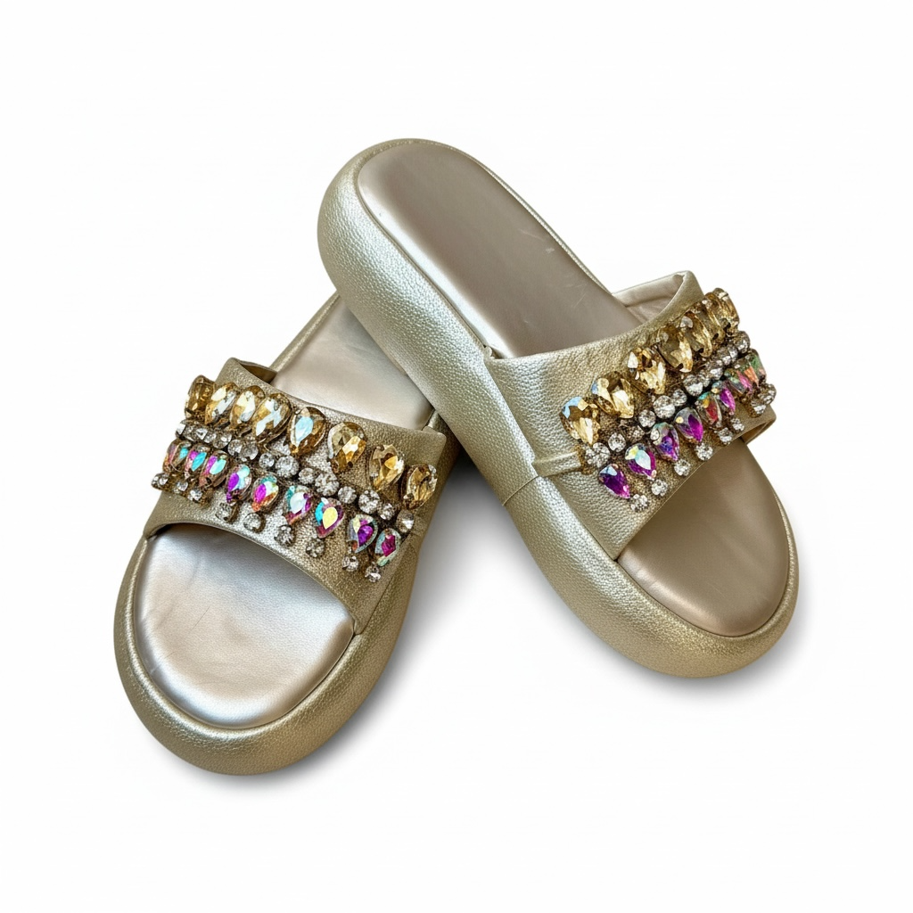 Shimmer Dull Gold Crystal Embellished Platform Slides