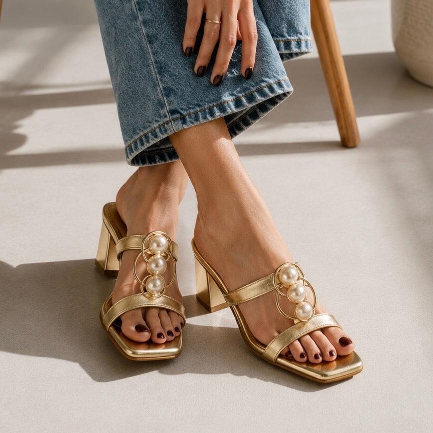 Pearl Halo Light Gold Block Heels